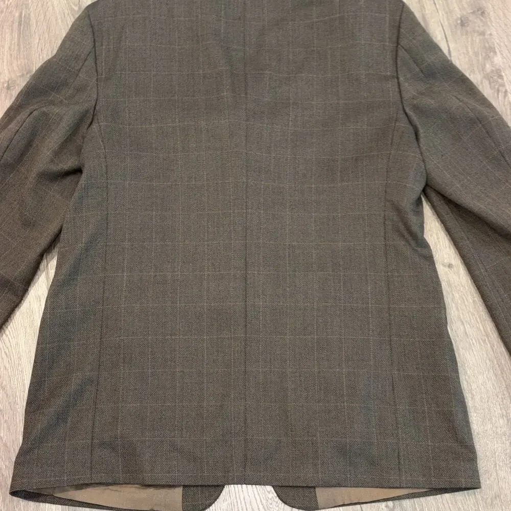 Haggar Mens Sport Coat Blazer 2 Button Brown Plaid Windowpane Jacket Size 46L